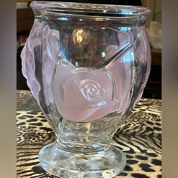Teleflora Accents Vintage Frosted Raised Pink Roses Crystal Vase By